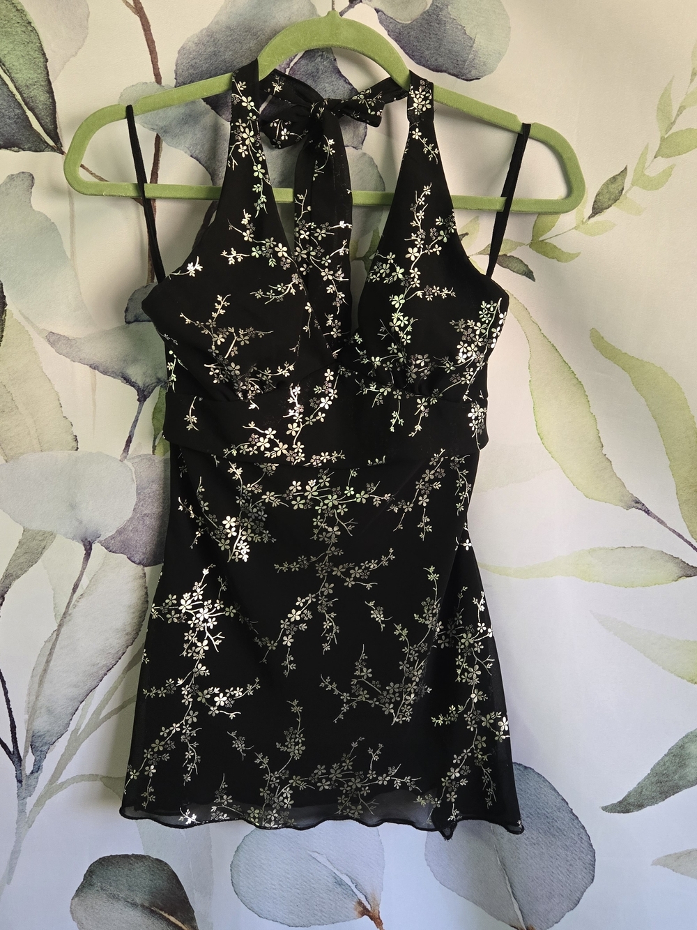 UNO CORE | Vintage Y2K Black & Metallic Silver Foil Pixie Hem Halter Tank sz S